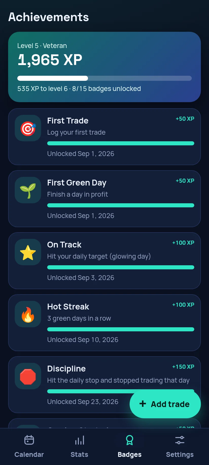 Badges and streaks screen